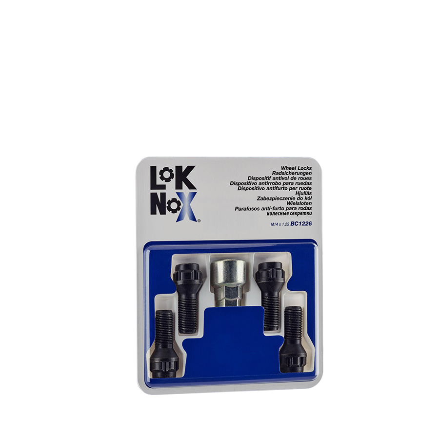 LokNox-Felgenschlossbolzen-Kegelbund-M14-x-125-x-273-mm-SW-17/19--in-Schwarz-1-Set-=-4-Stück